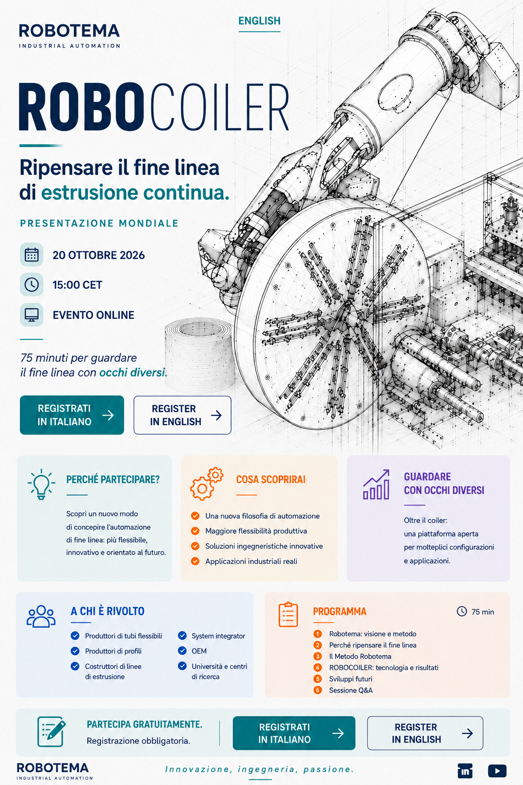 Webinar ROBOcoiler – Ripensare il fine linea di estrusione continua, 20 ottobre 2026 alle 15:00 CET